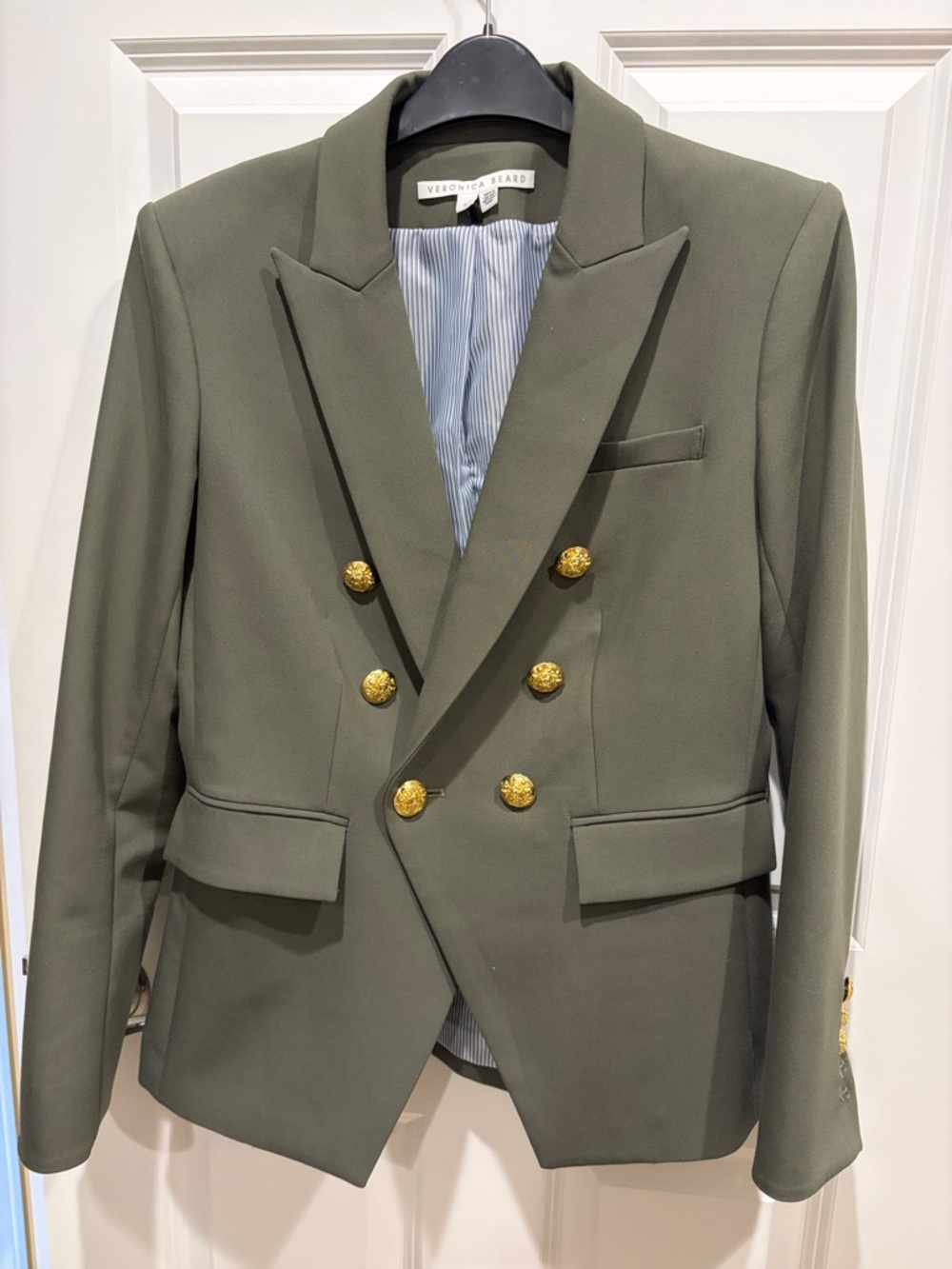 Veronica Beard Olive Double-Breasted Blazer with Gold Buttons